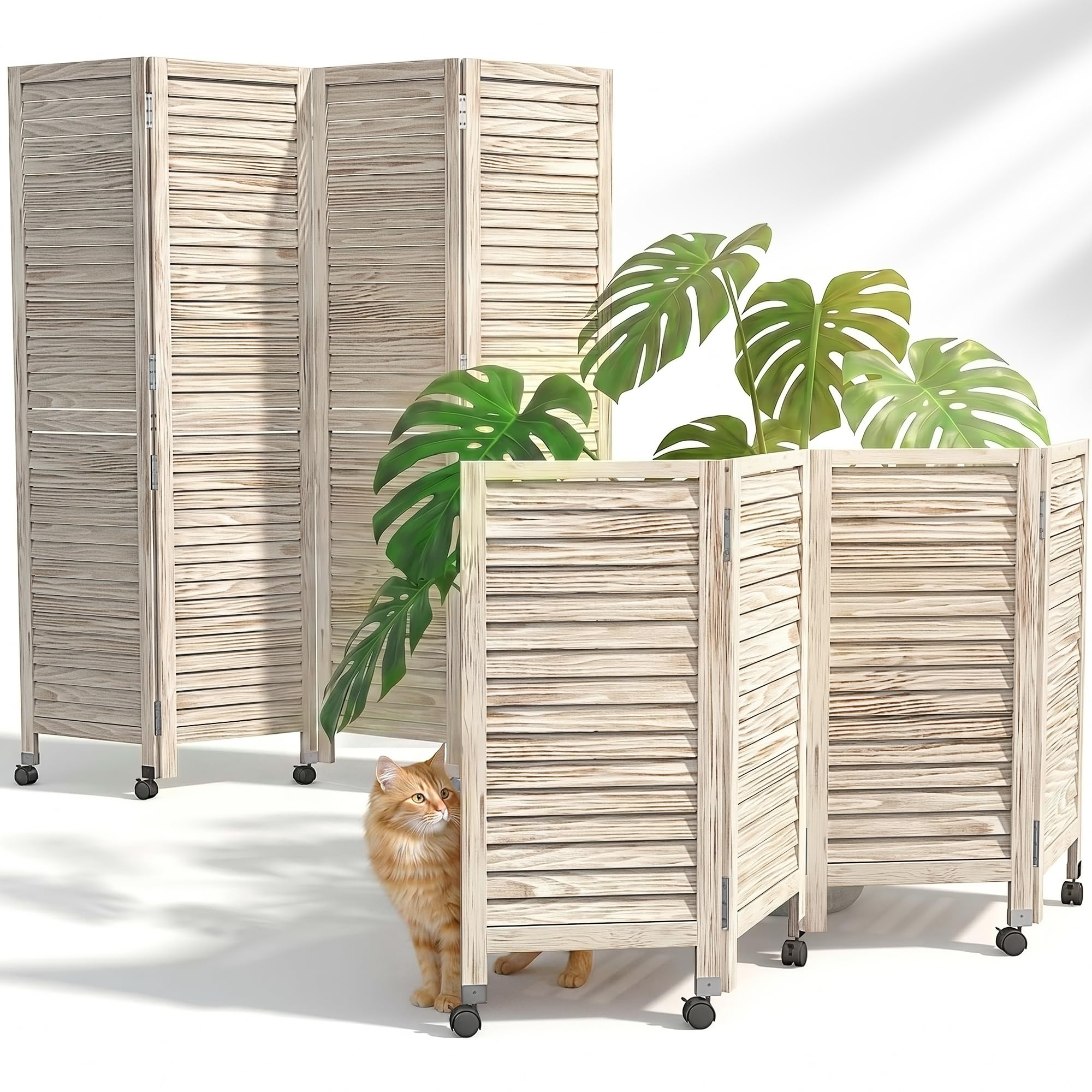 White 6 Panel Wood Wheeled Privacy Room Divider