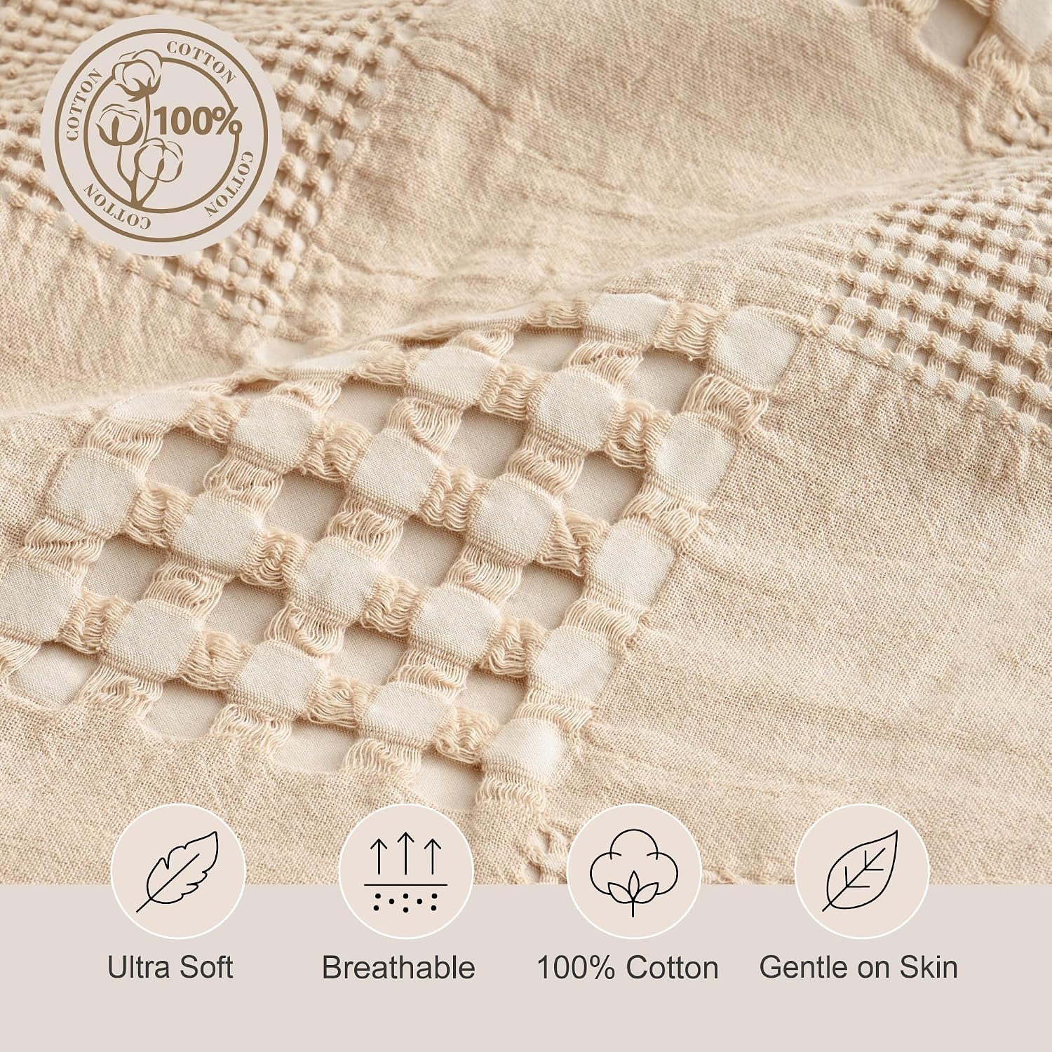 Khaki Check Waffle Cotton Farmhouse Throw Blanket