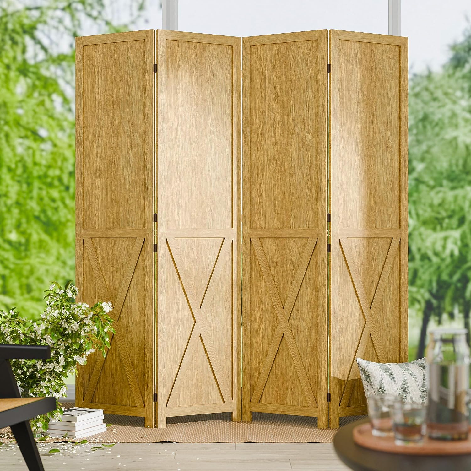 Natural 4 Panel Solid Wood Folding Room Divider