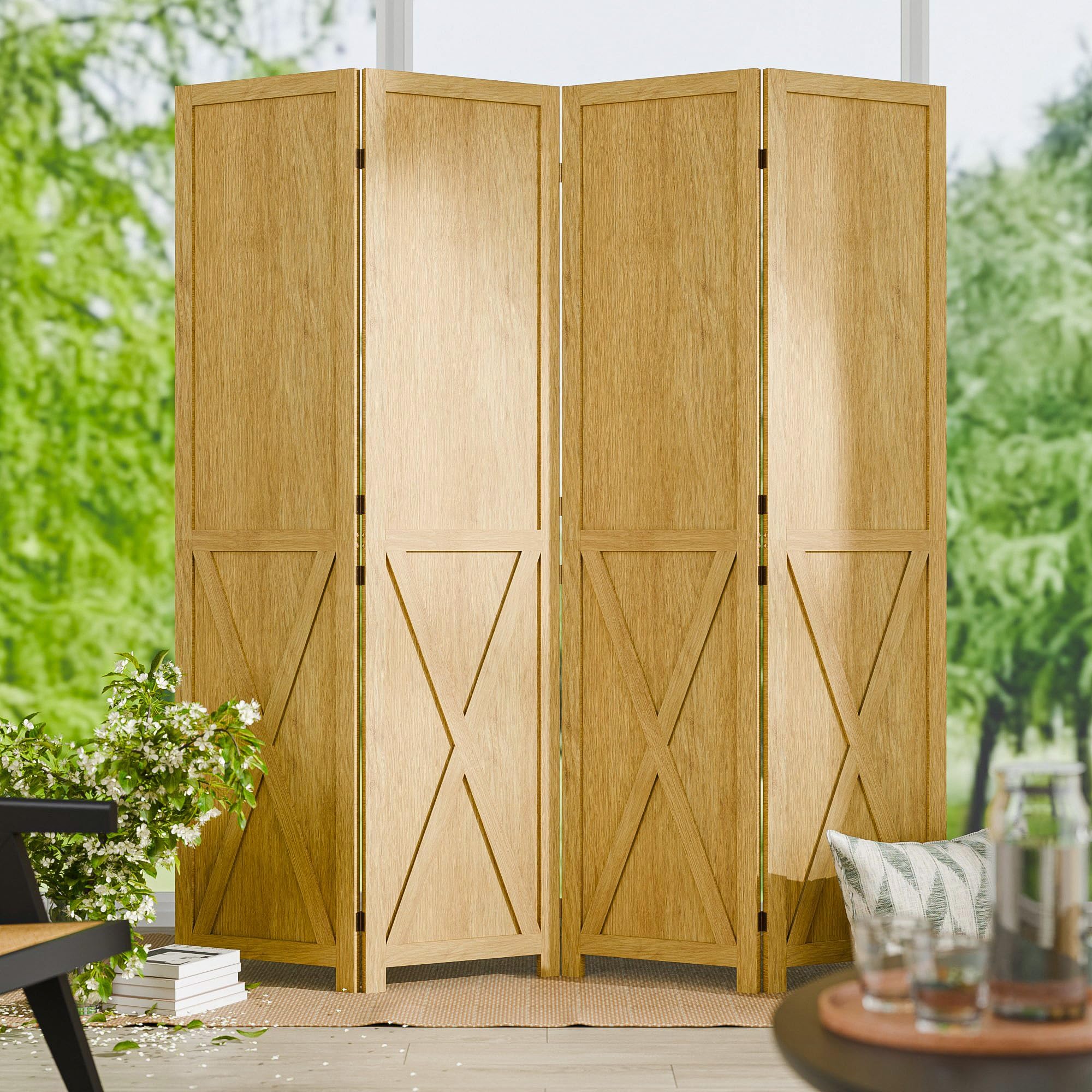 Natural 4 Panel Solid Wood Folding Room Divider