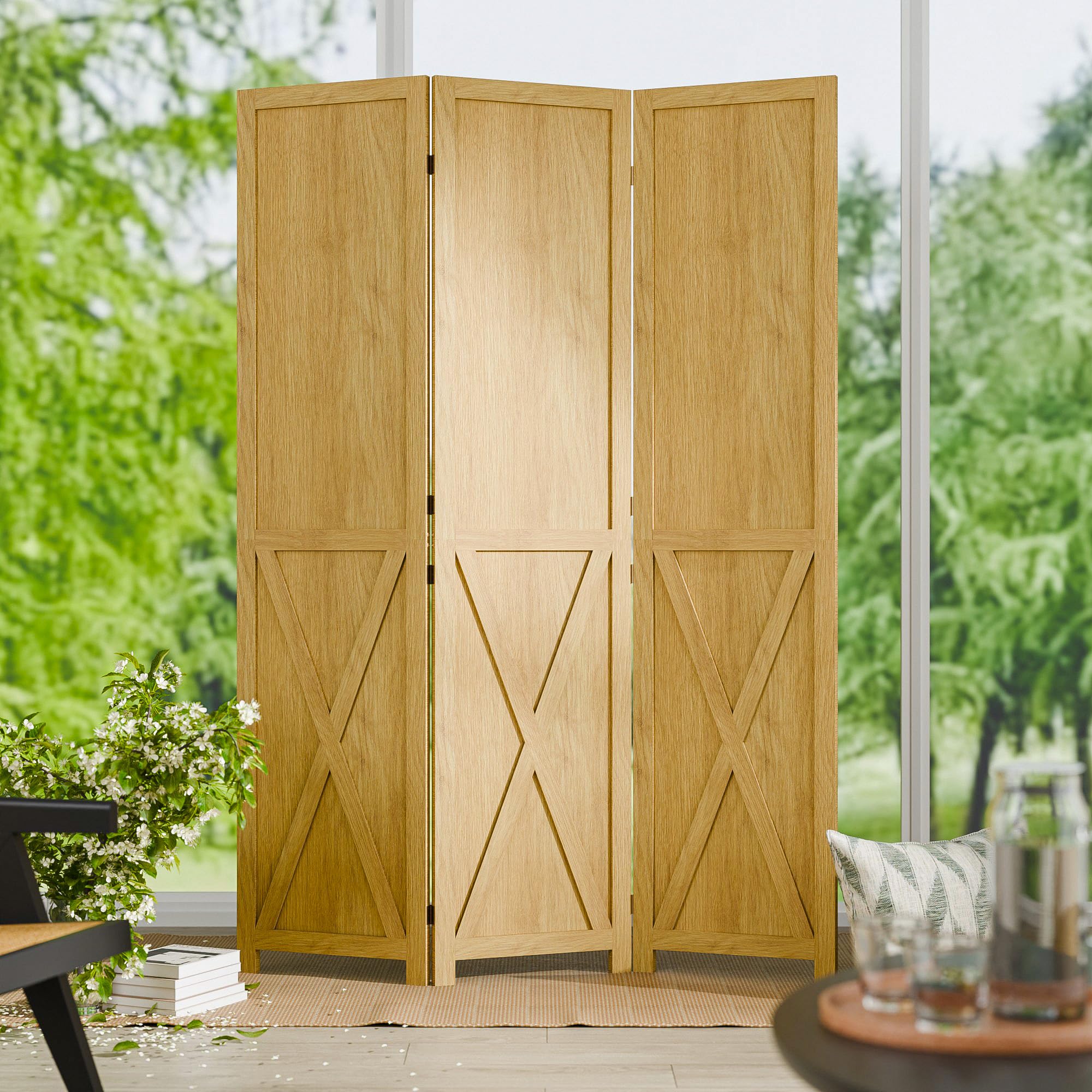 Natural 4 Panel Solid Wood Folding Room Divider