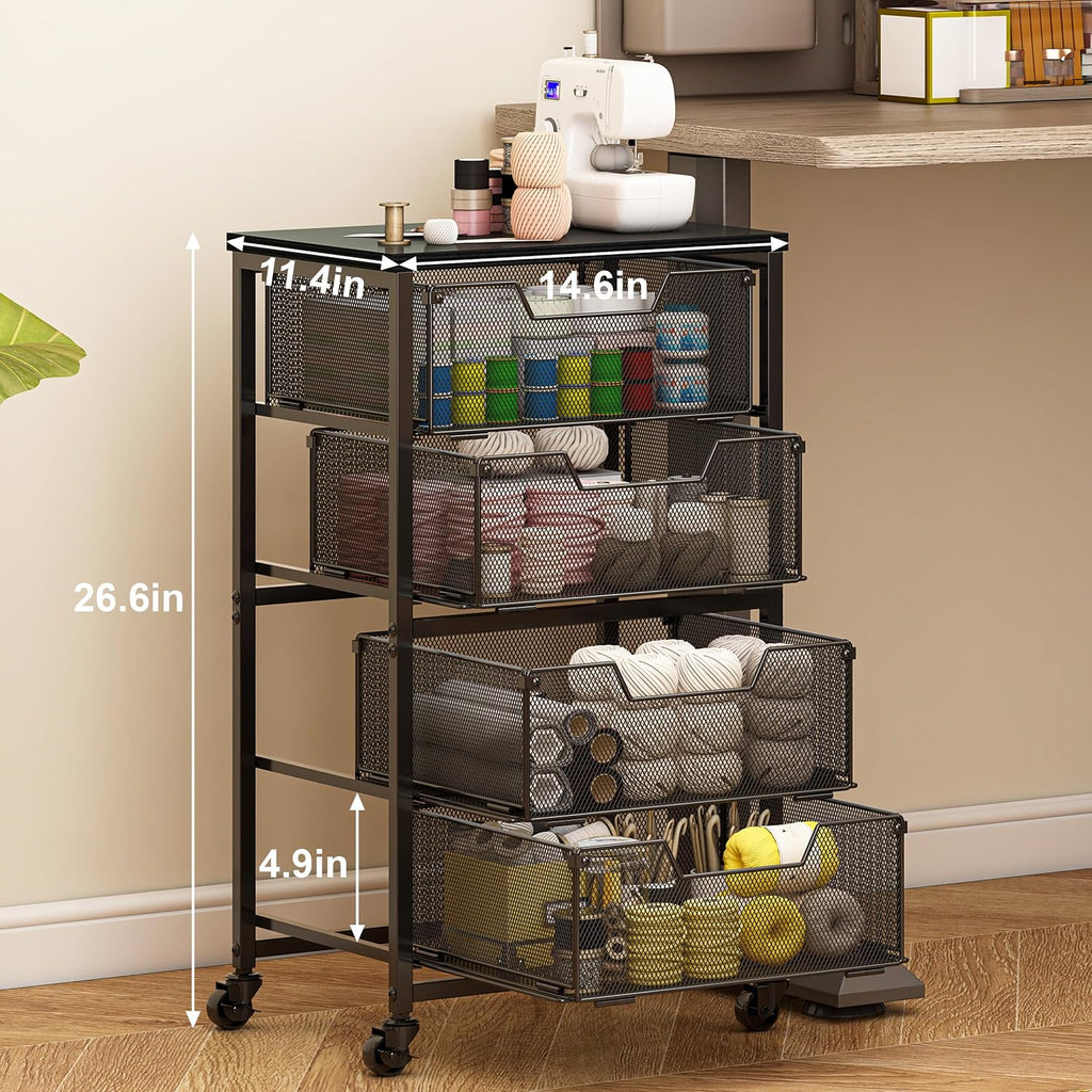 Wood Top 4 Drawer Rolling Craft Storage Utility Cart