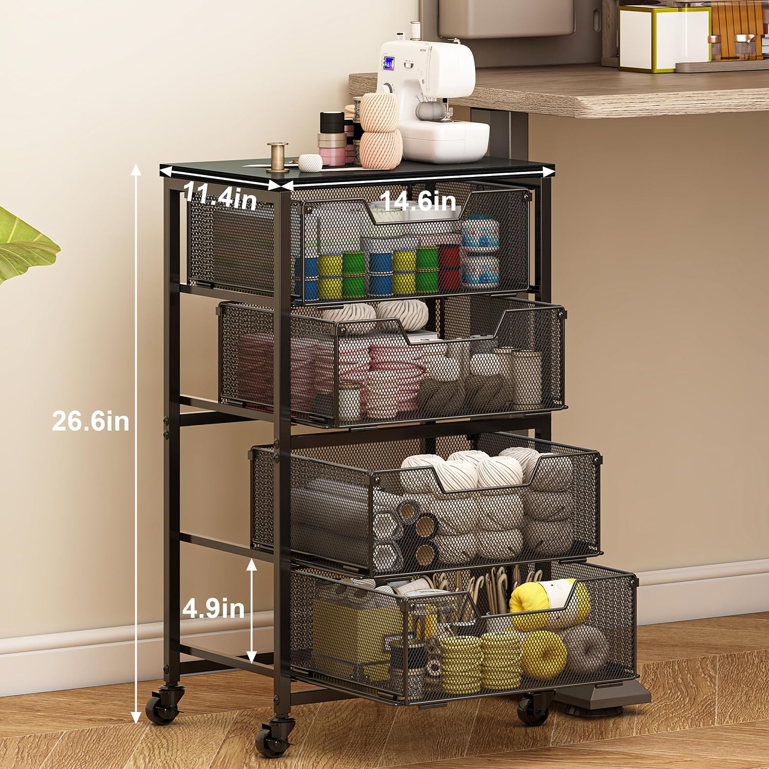 Wood Top 4 Drawer Rolling Craft Storage Utility Cart
