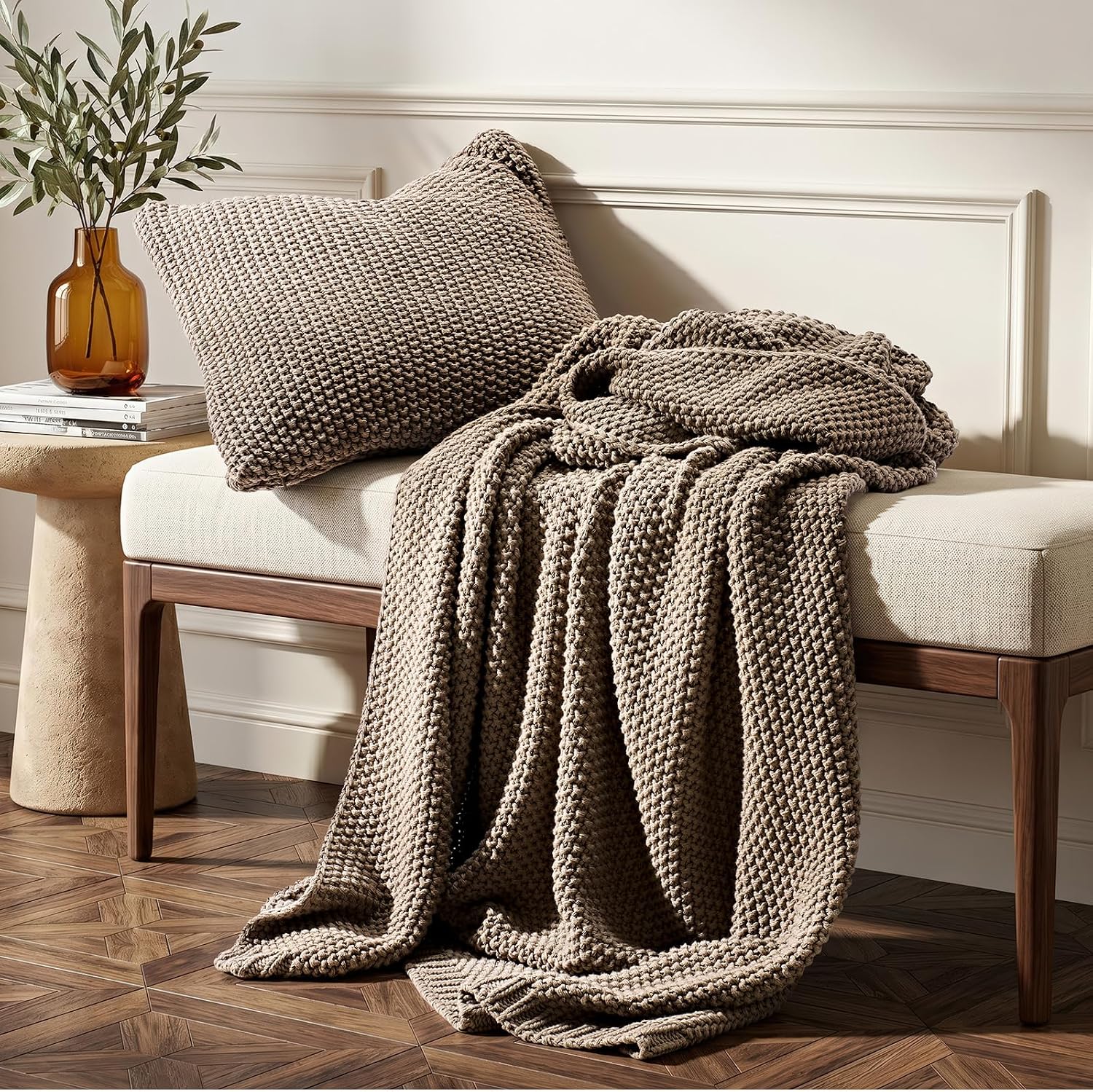 Taupe Chunky Knit Organic Cotton Decor Throw Blanket