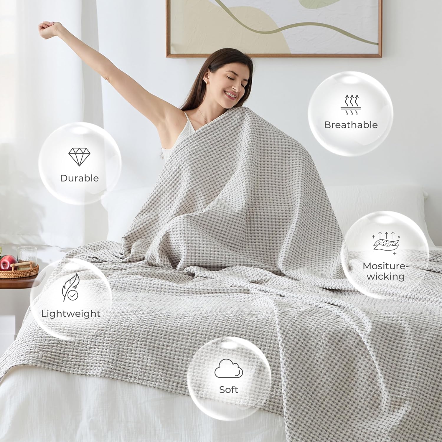 Gray White Check Waffle Cotton Twin Bed Blanket