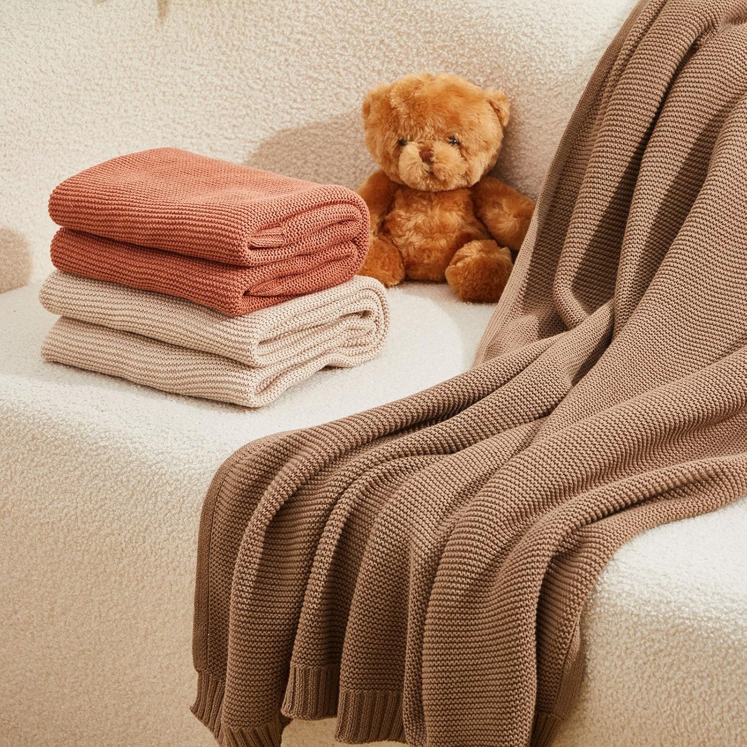 Neutral Cotton Knit Baby Swaddle Throw Blanket