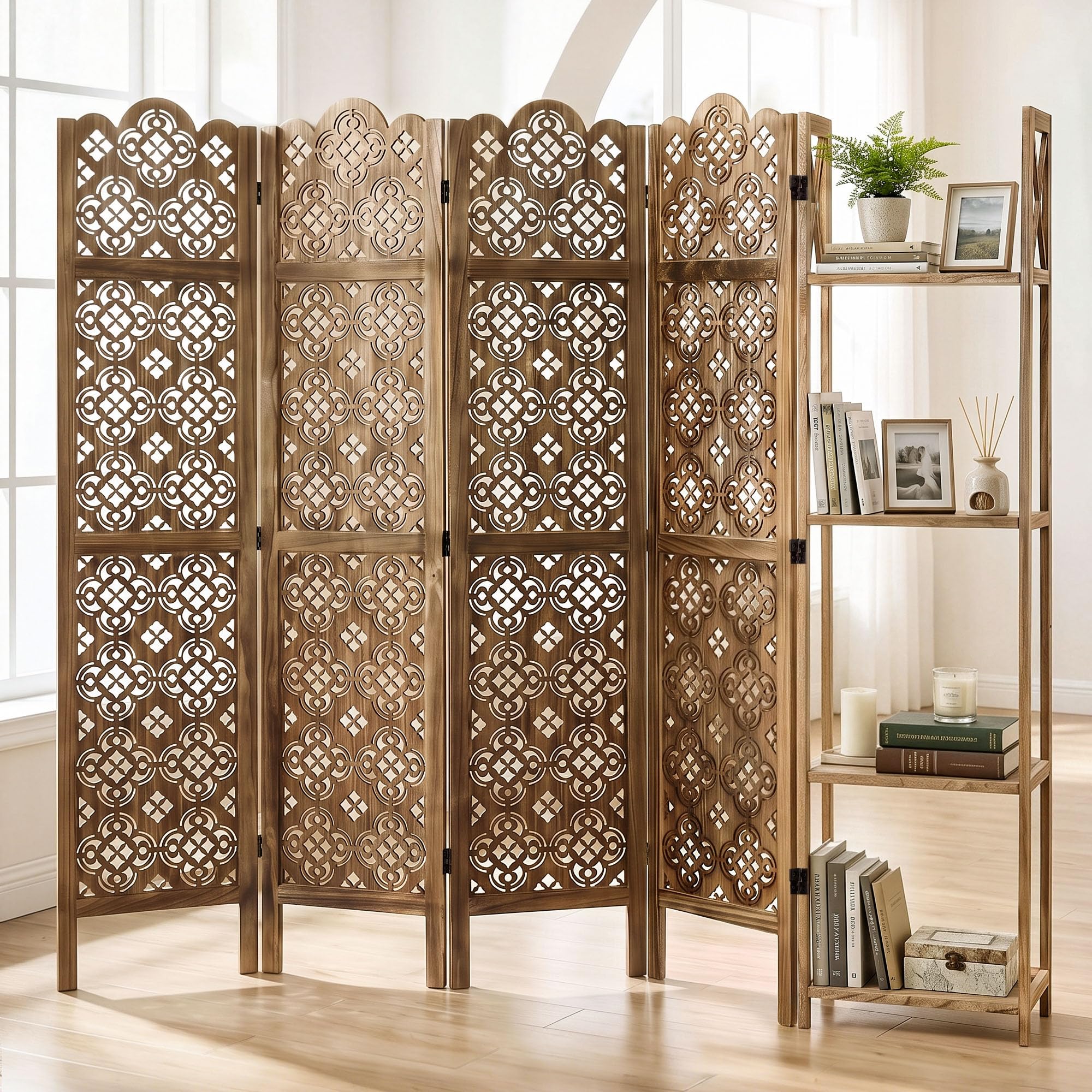 Dark Brown 4 Panel Carved Wood Room Divider